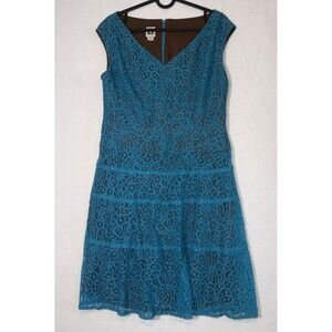 Anne Klein Brown w/Blue Lace Overlay Sleeveless Dress 10P Tiered Princess-Line